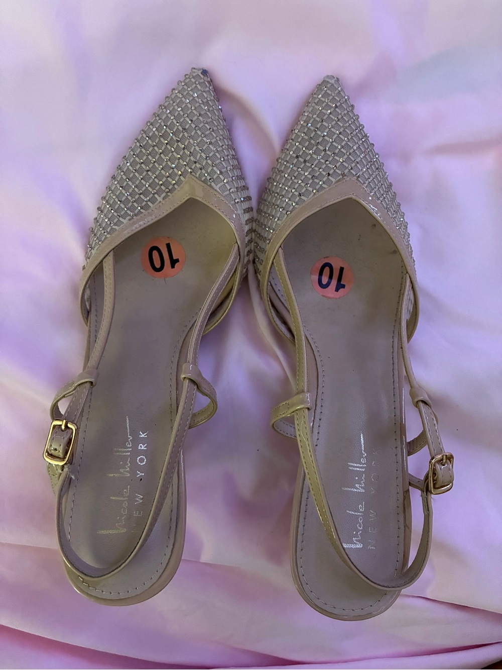 Nicole Miller Beige Crystal-Embellished Pointed Slingback Flats